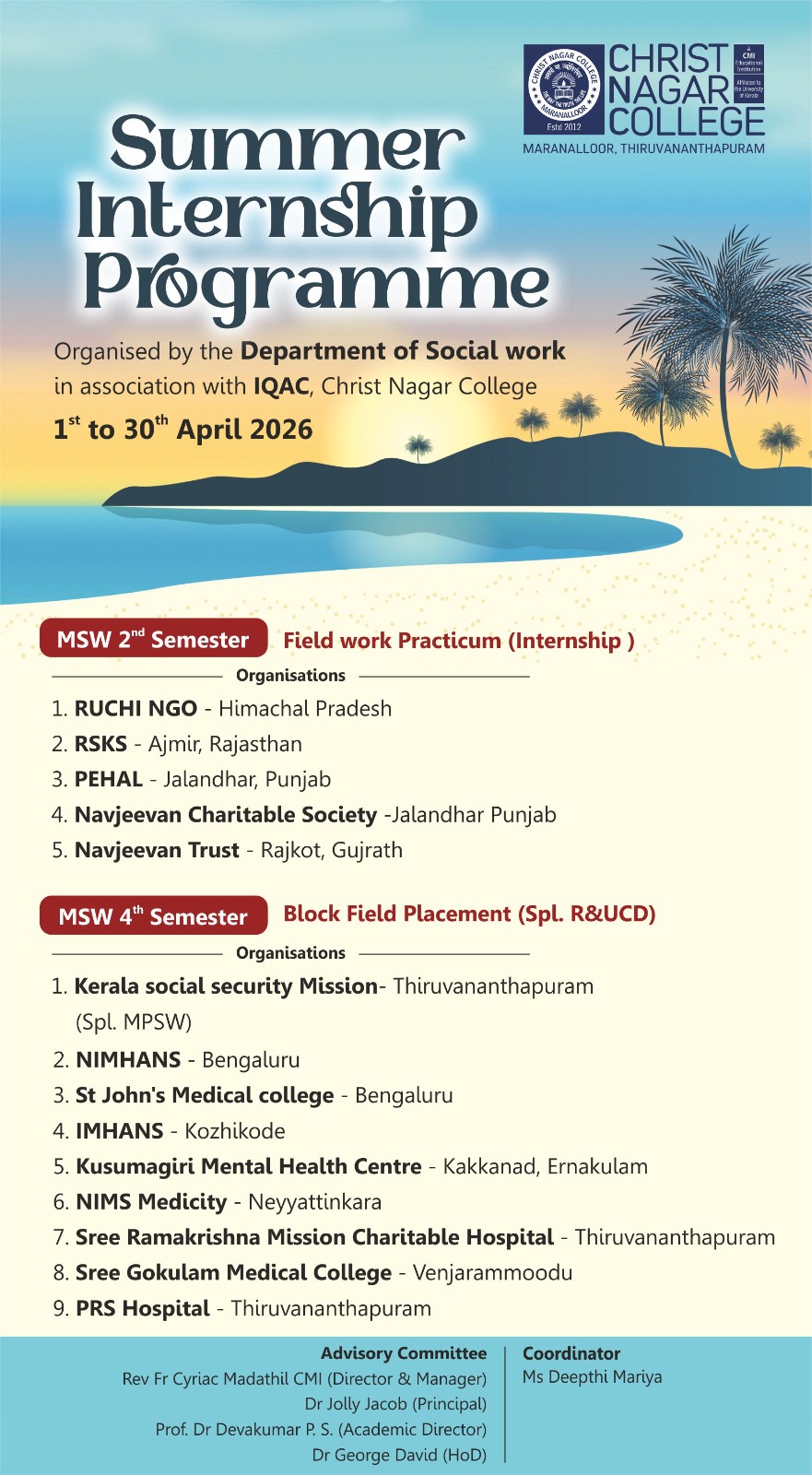 Summer Internship programme for MSW students across India.